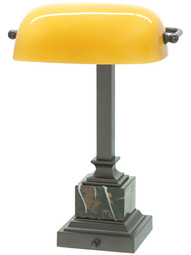 Emeralite 13 1/4-Inch Bankers Desk Lamp with Amber Glass Shade.